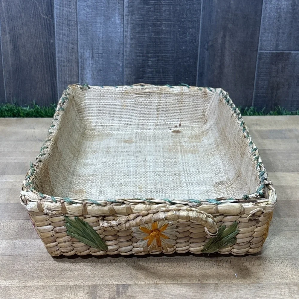 Vintage 60s 70s Raffia Floral Nesting Baskets Set 3 Boho Decor AS IS